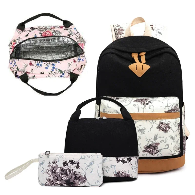 

New Casual Backpack Three Piece Set High Capacity Student School Bag Japanese Backpack Fragmented Flower Backpack Girls' Bag