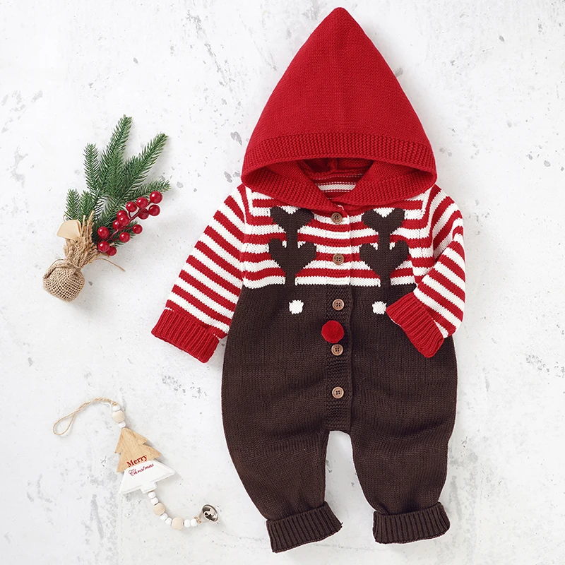 

Christmas Knit Rompers Baby Cute Hooded Rompers Newborn Girl Boy Knitted Jumpsuits Autumn Winter New Elk Stripes Toddler Infant