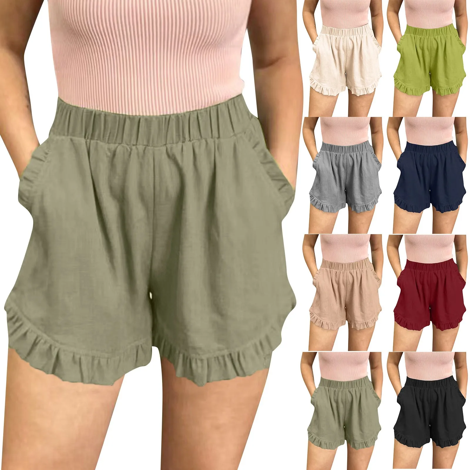 

Шорты женские спортивные из хлопка и льна, однотонные плиссированные короткие штаны с высокой талией и оборками, Повседневные базовые, на лето