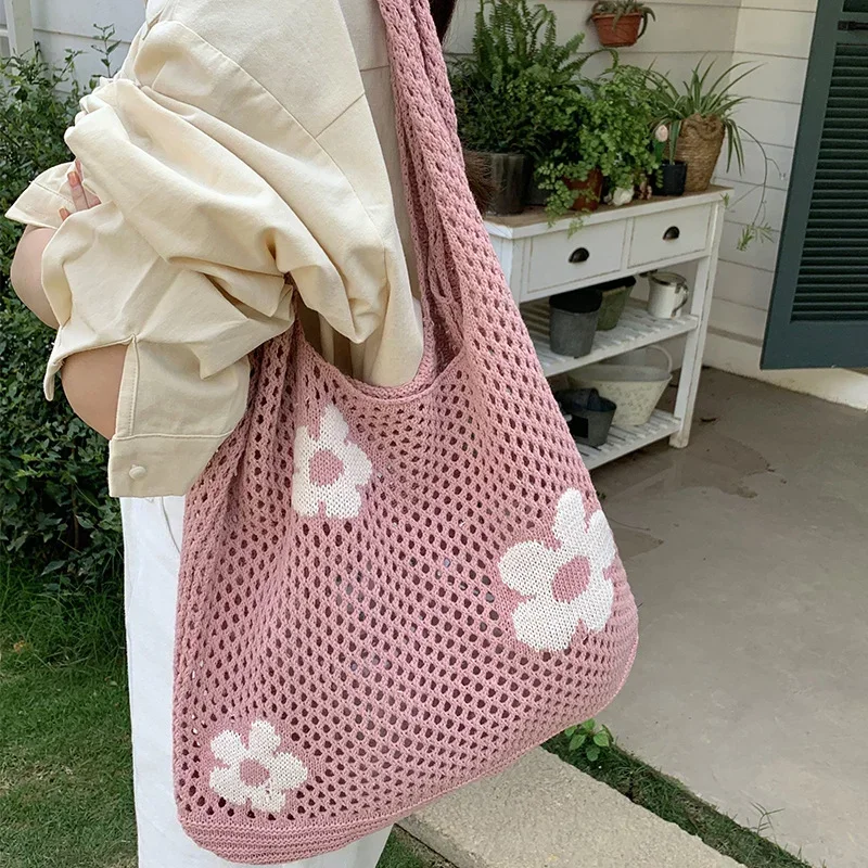 

Fashion Tote Knitted For Women Retro Handbag Shoulder Large Hollow Ladies Bag Sweet Flower Bag Shopping Ins Capacity Simple Bag