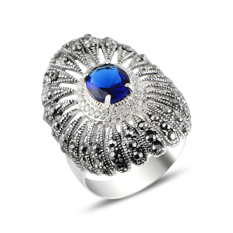 

Silver 925 Sterling Sapphire Zircon & Marcasite Ring