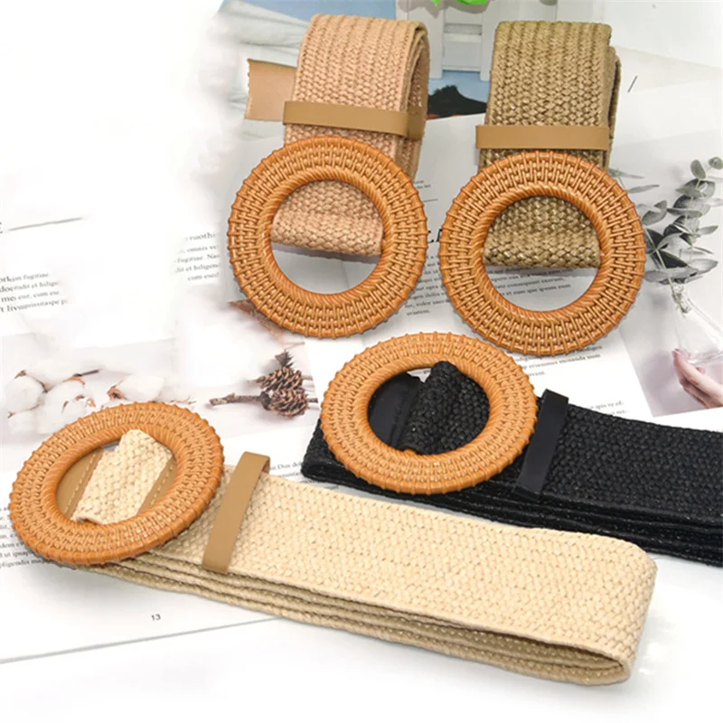 

Vintage Bohemia Round Buckle Elastic Braided Belts Women Summer Wild Linen Weave Wide Belt Straw Waistband