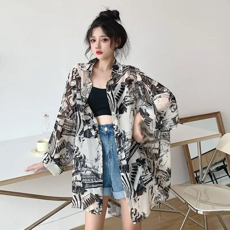 

DUOFAN Retro Shirts Women Printed Long Sleeve Sun Protection Blouses Lady Summer Thin Loose Bf Lazy Casual Tops Oversized Blusas