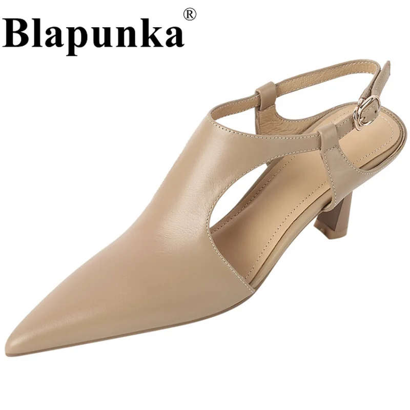 

Blapunka High Quality Women Real Genuine Leather Pumps Buckle Strap Nude High-heeled Shoes Ladies Beige Pointy Toe Sandal Spring