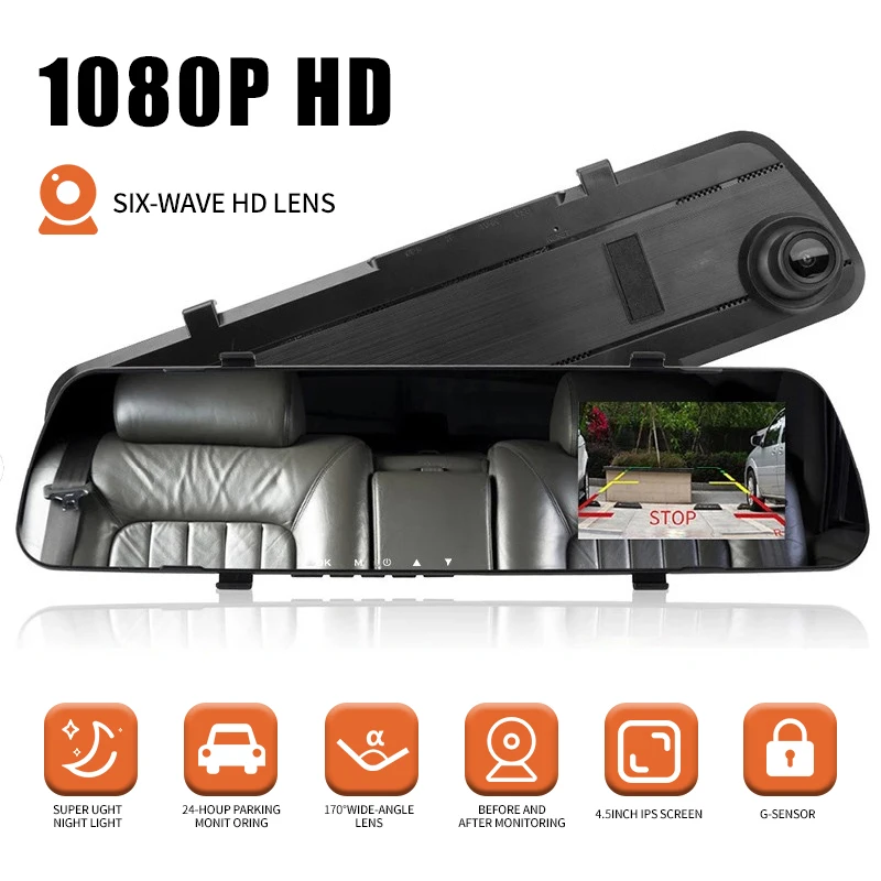 4.5"IPS Screen Car Dvr Mirror Dash Camera Dash Cam Dual Lens Car Camera Full Hd Drive Recorder Stream RearView Mirror