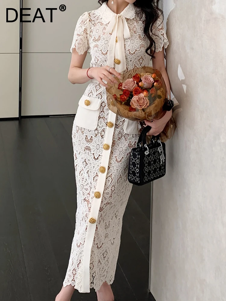 

[DEAT] Women's Evening Dress O-neck Short Sleeve Single Breasted Embroidery Hollow Out Fashion Dresses Summer 2023 New 13DB1590