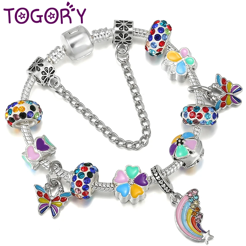 

TOGORY 2022 New Colorful Rainbow Butterfly Flower Beads Charm Bracelets & Bangle Fit Brand Bracelet For Women Men Jewelry Gift