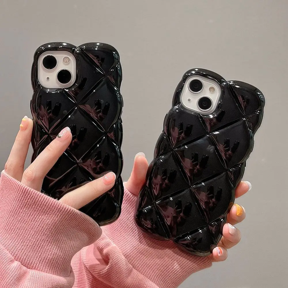 

3D Lattice Grid Brilliant Black Phone Case For iPhone 14 13 12 11 Pro Max XR XS X Big Rhombus Shockproof Protective Soft Cover