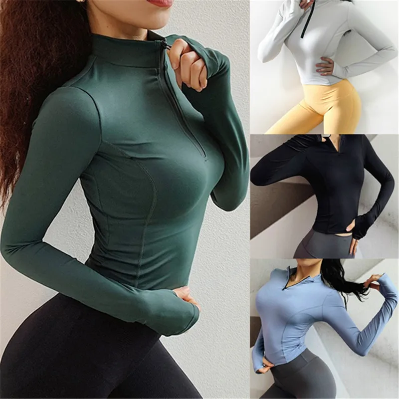 

Women Seamless Long Sleeve Half Zip Hoodie Thin Shirts Crop Casual Top Thumb Hole Fitted T-Shirt Gym Running Clothes