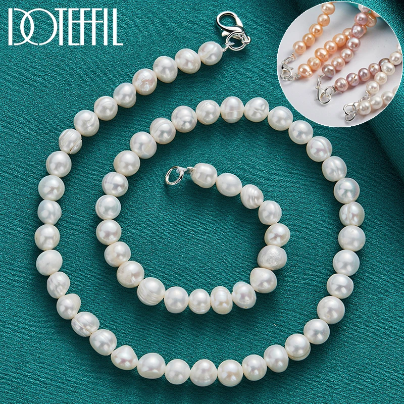DOTEFFIL 7-8mm Natural Freshwater Pearl Chain Necklace 925 Silver Lobster Clasp For Woman Man Engagement Wedding Fashion Jewelry