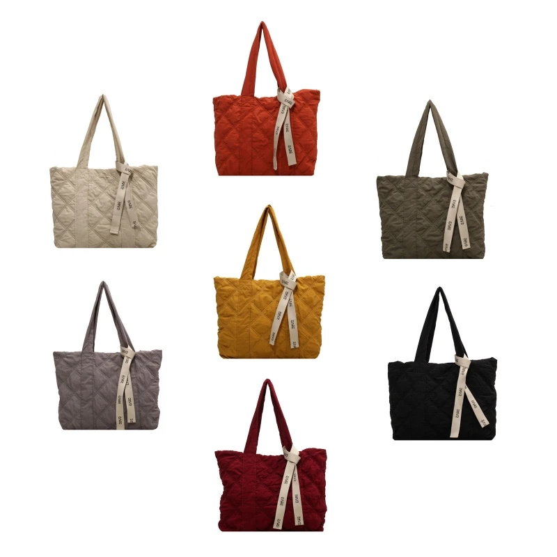 

Trendy Quilted Shoulder Bag Solid Color Padded Handbag Large Capacity Tote Bag