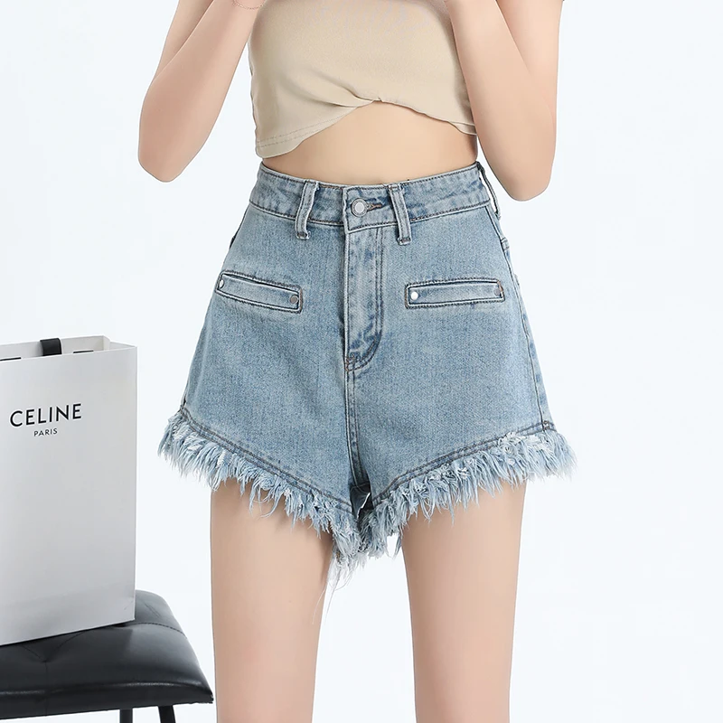 Loose Ragged Design A-line Denim Shorts Elastic High Waist Short Jeans Wide Leg Pocket Tassel Shorts Casual Summer Chic Clothes