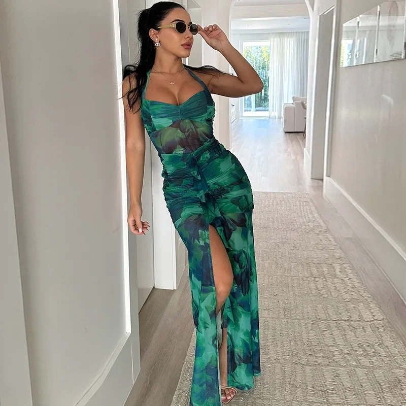 Leosoxs 2024 Summer Fashion Urban Sexy Women's Dress with Green Printed Open Back Birthday Party Clubwear Elegant Long