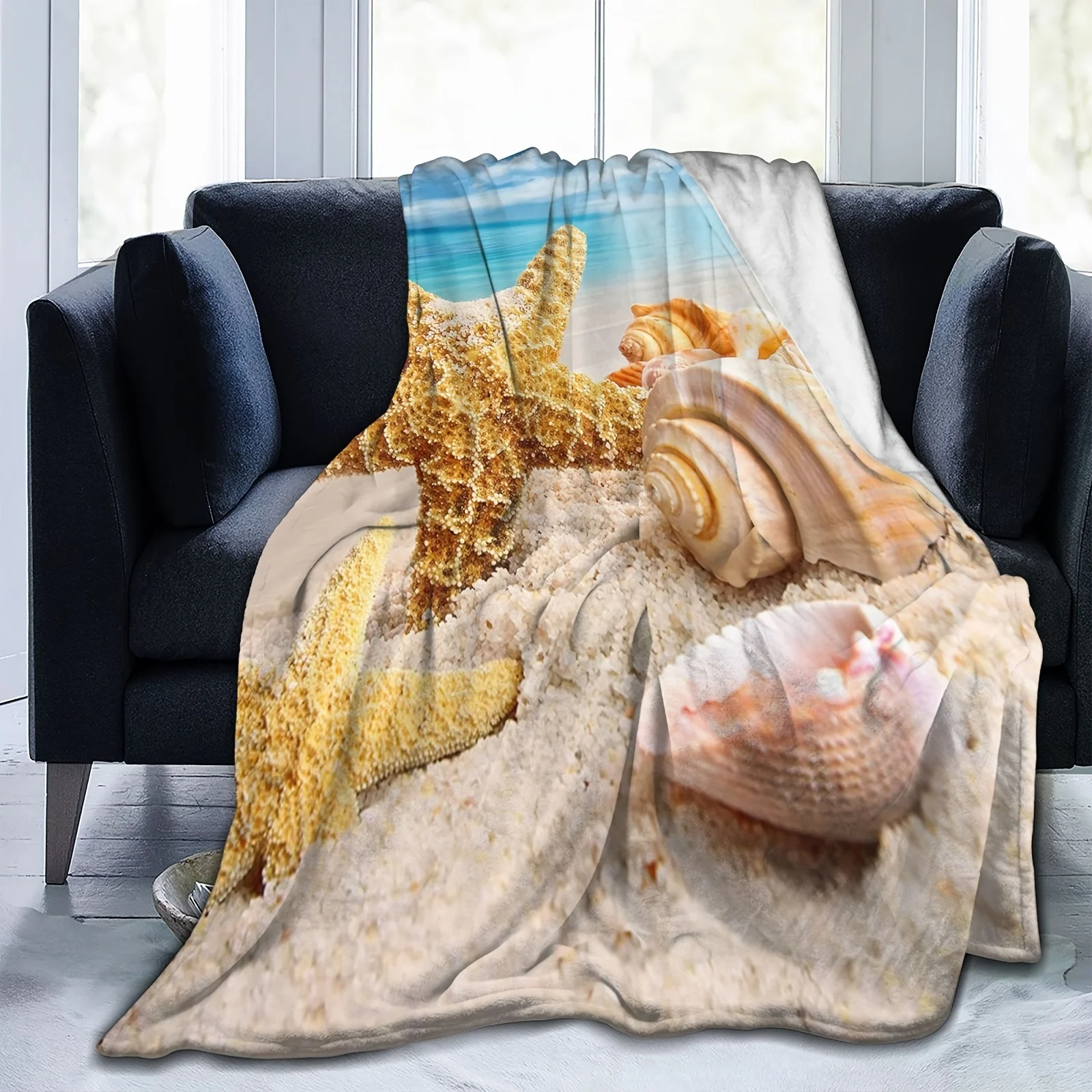 

1pc Starfish And Seashells Pattern Fleece Blanket Luxury Flannel Bed Blanket Lightweight Throw Fuzzy Blankets For Couch Bed Sofa