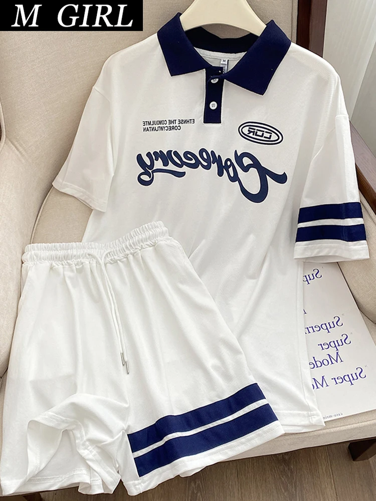 

M GIRLS American Casual Sports Suit Women 2023 Summer Preppy Style Letter Printed T-Shirt Shorts Running Two Piece Set For Women