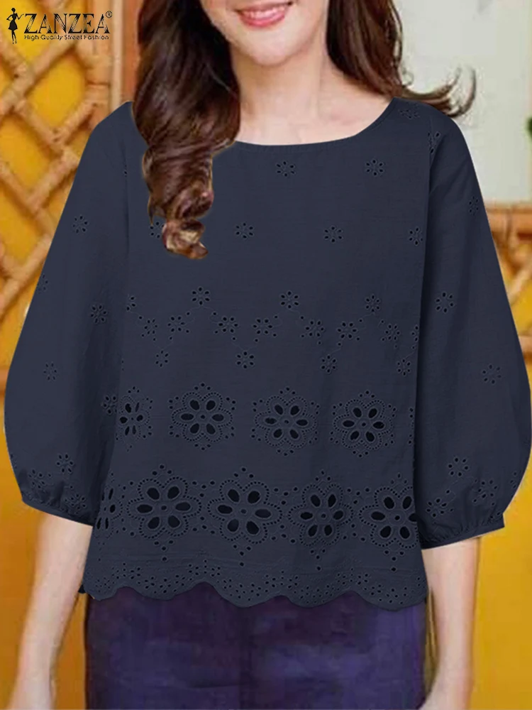 ZANZEA женские кружевные вязаные крючком футболки с круглым вырезом три четверти