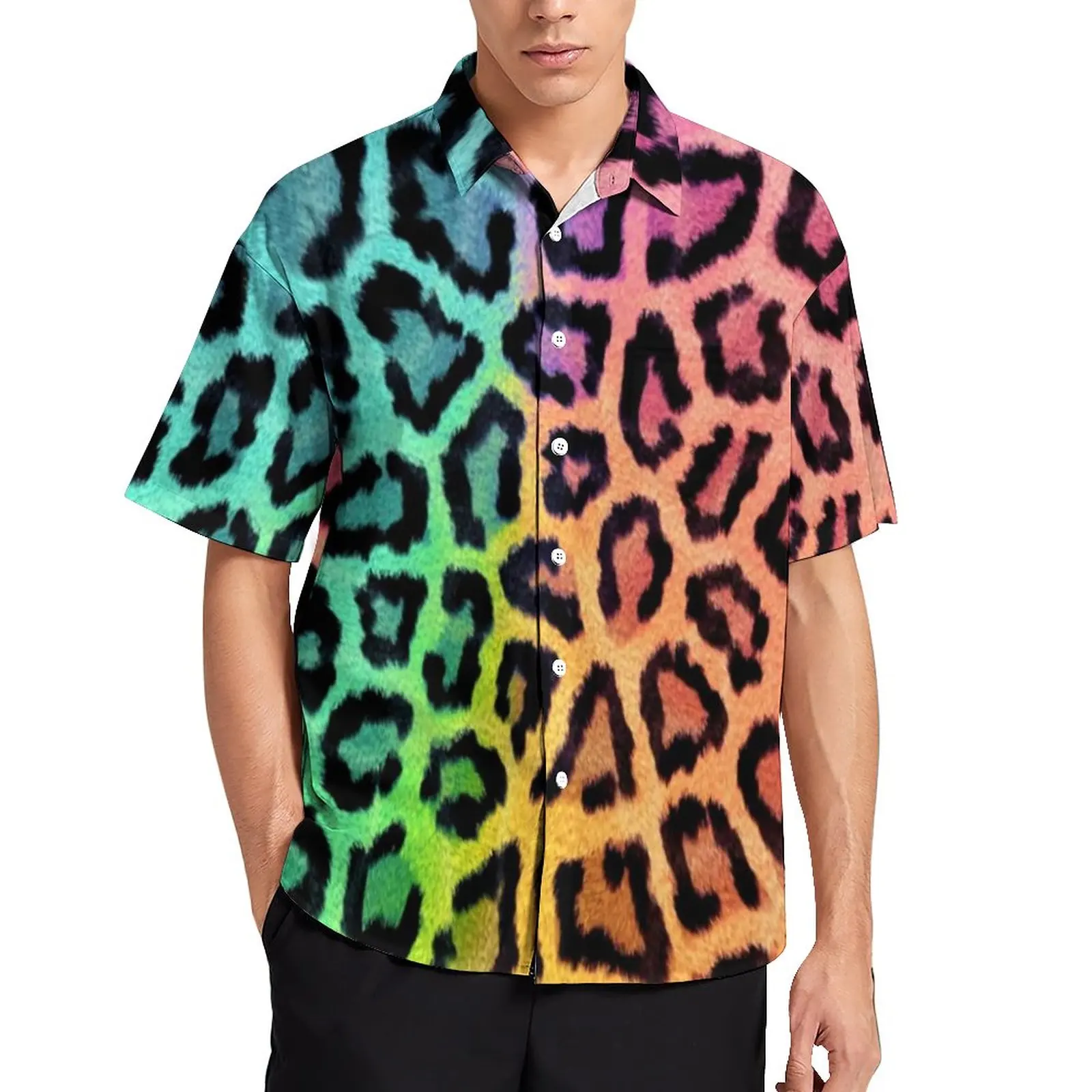 

Rainbow Leopard Print Casual Shirts Animal Skin Art Beach Shirt Summer Harajuku Blouses Man Graphic 3XL 4XL