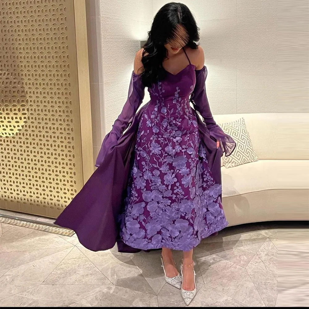 

Xijun Purple 3D Flowers Saudi Arabic Mermaid Evening Dresses Sweetheart Long Sleeves Pleat Ruched Prom Dress Formal Party Gown