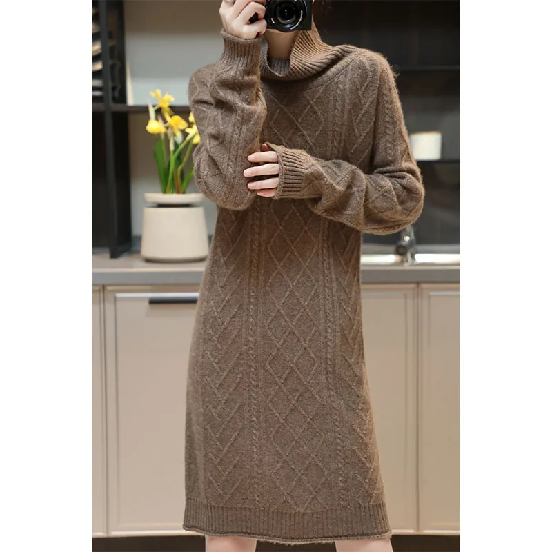 

Brand 2022 Autumn/Winter 100% Wool Pullovers Cashmere Knitted Thicker Dresses High Elasticity Soft Sweaters For Lady