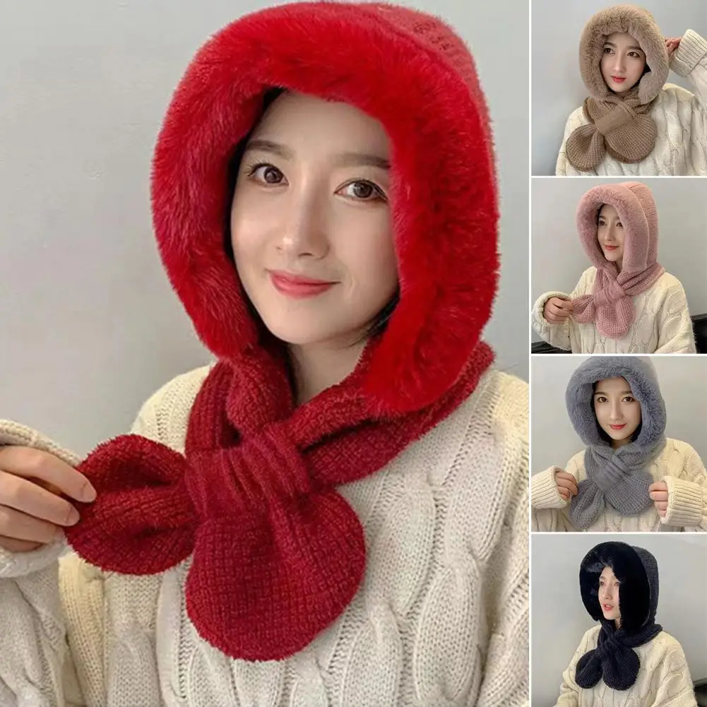 

Women Hat 2 in 1 Stretchy Fuzzy Soft Comfortable Keep Warm Solid Color Winter Thermal Adults Knit Cross Scarf Cap for Outdoor