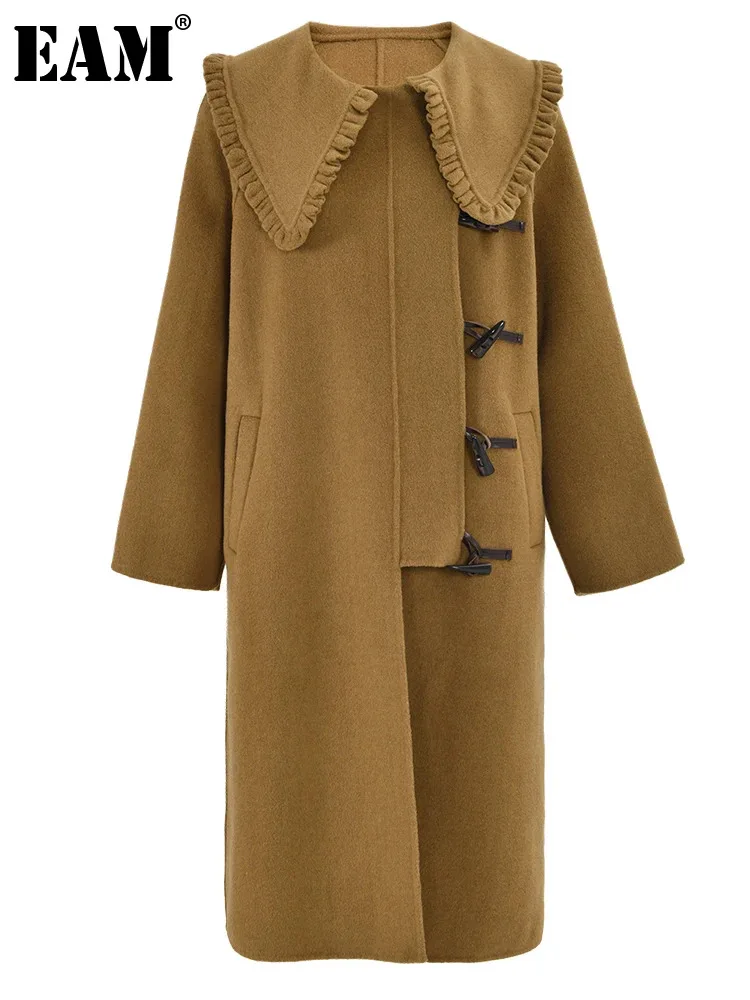

[EAM] хаки асимметричное шерстяное пальто большого размера с оборками Новая женская куртка с отворотом и длинным рукавом модная осенне-зимняя 2023 CP2350