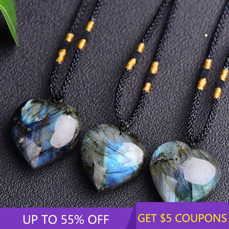 

Natural Labradorite Moonstone Quartz Crystal Point Pendant Love Heart Shape Stone Pendulum Healing Mineral Necklace Jewelry Gift