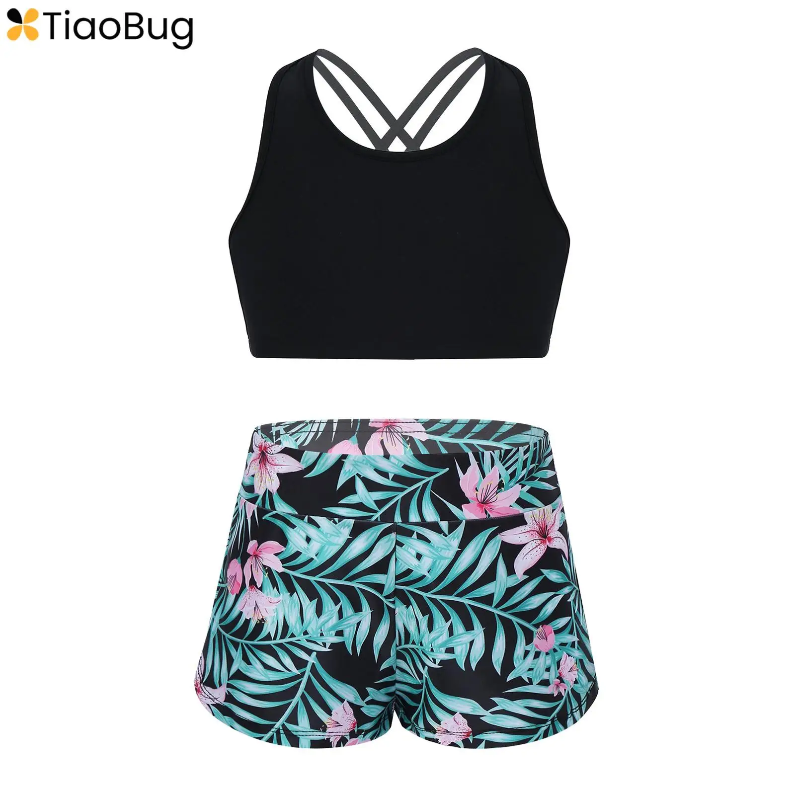 Kids Girls 2 Piece Swimsuit Hawaiian Tankini Set Crop Top with Athletic Shorts Swimwear Beach Bathing Suit Tracksuit Sportwear