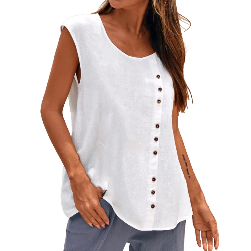 

2022 Women's Fashion T-Shirt Vest Female Linen Summer Sleeveless O-Neck Casual Solid Color Ladies Tank Tops
