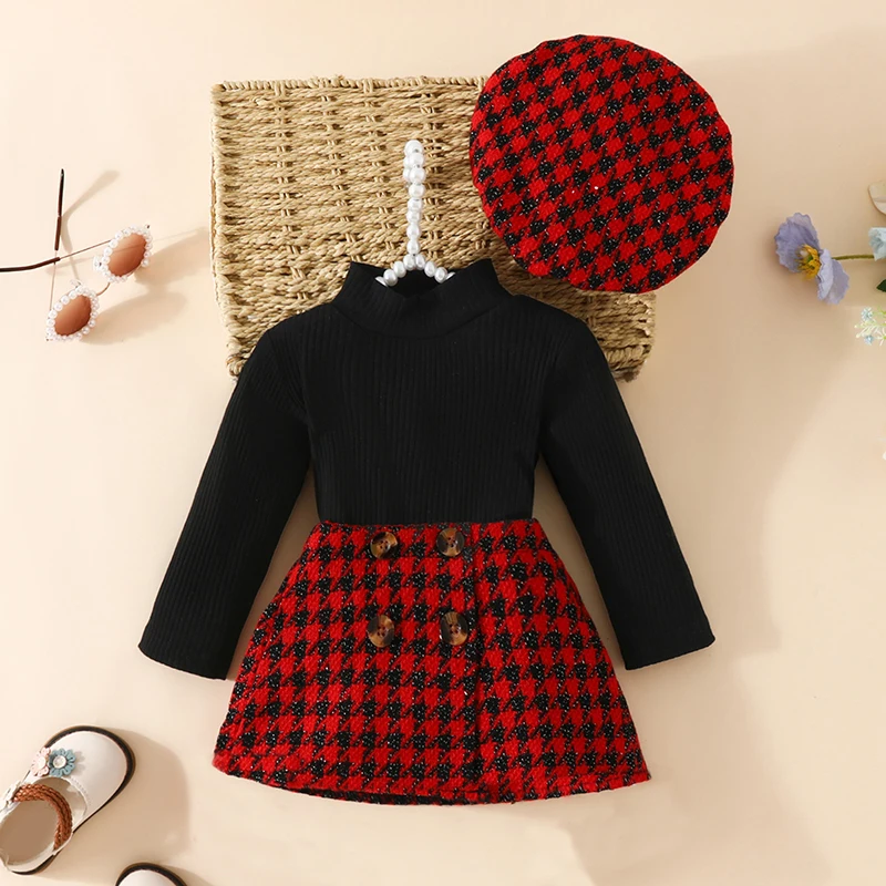 

Fashion Infant Baby Girl 3Pcs Fall Outfits Long Sleeve Mock Neck Tops + Houndstooth Skirt + Hat Set Toddler Clothes for 6M-3Y