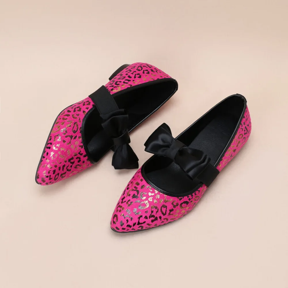

2022 Spring And Summer Bright Leopard Print Pointed Head Big Bow Shallow Mouth Cover Foot Low Heel Women's Single Shoes Large 43