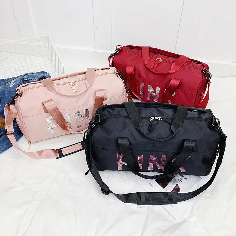 New Sequins Pink Gym Women Shoe Compartment Waterproof Sport Bags for Fitness Training