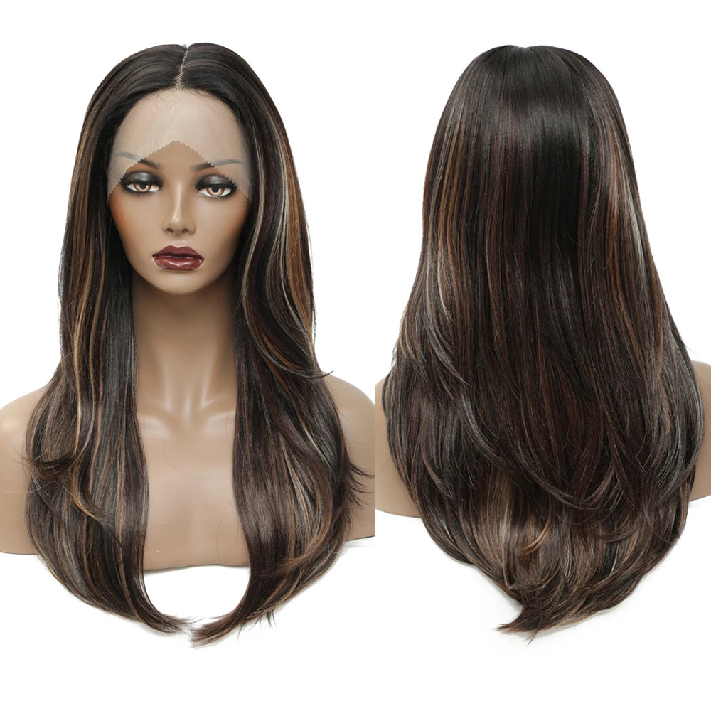 X-TRESS Synthetic Highlight Lace Front Wigs 22 Inch Ombre Brown Natural Wave T Part Transparent Swiss Lace Wig for Black Women