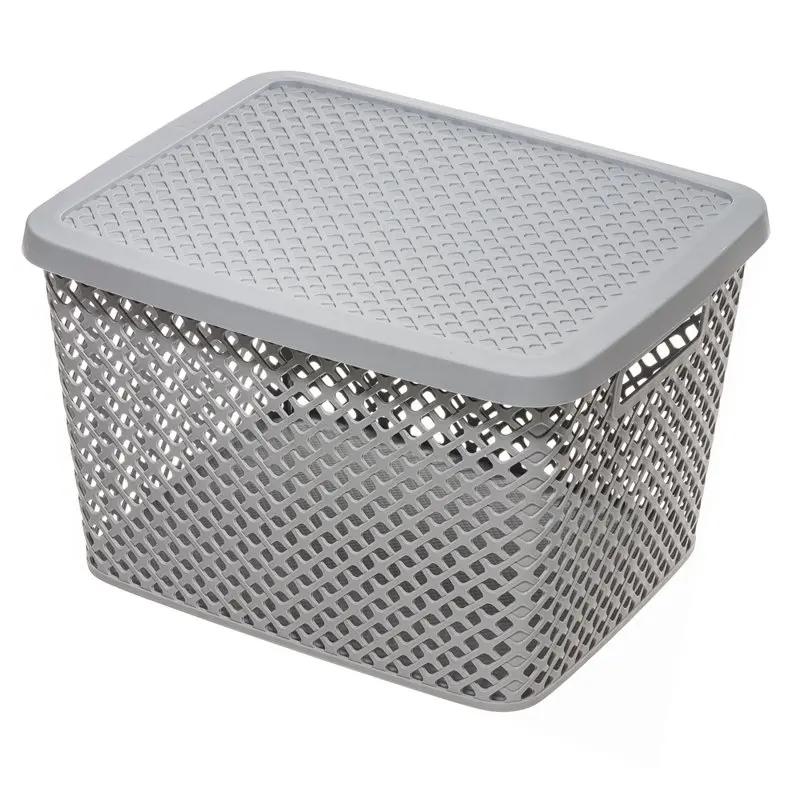 

Large Decorative Plastic Storage Basket w/Lid, Gray