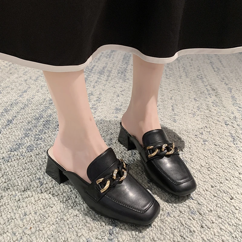 A7 Summer New Square Head Chain Slippers Women's Fashion Solid Color Temperament Net Red Comfortable High Heel Shoes Women