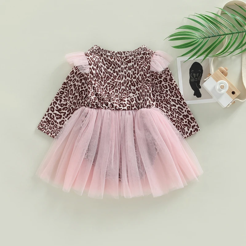Girls Dress Bodysuit Newborn Baby Leopard Pattern Printed Patchwork Mesh Skirt Long Sleeve Ruffle Shoulder   Girl