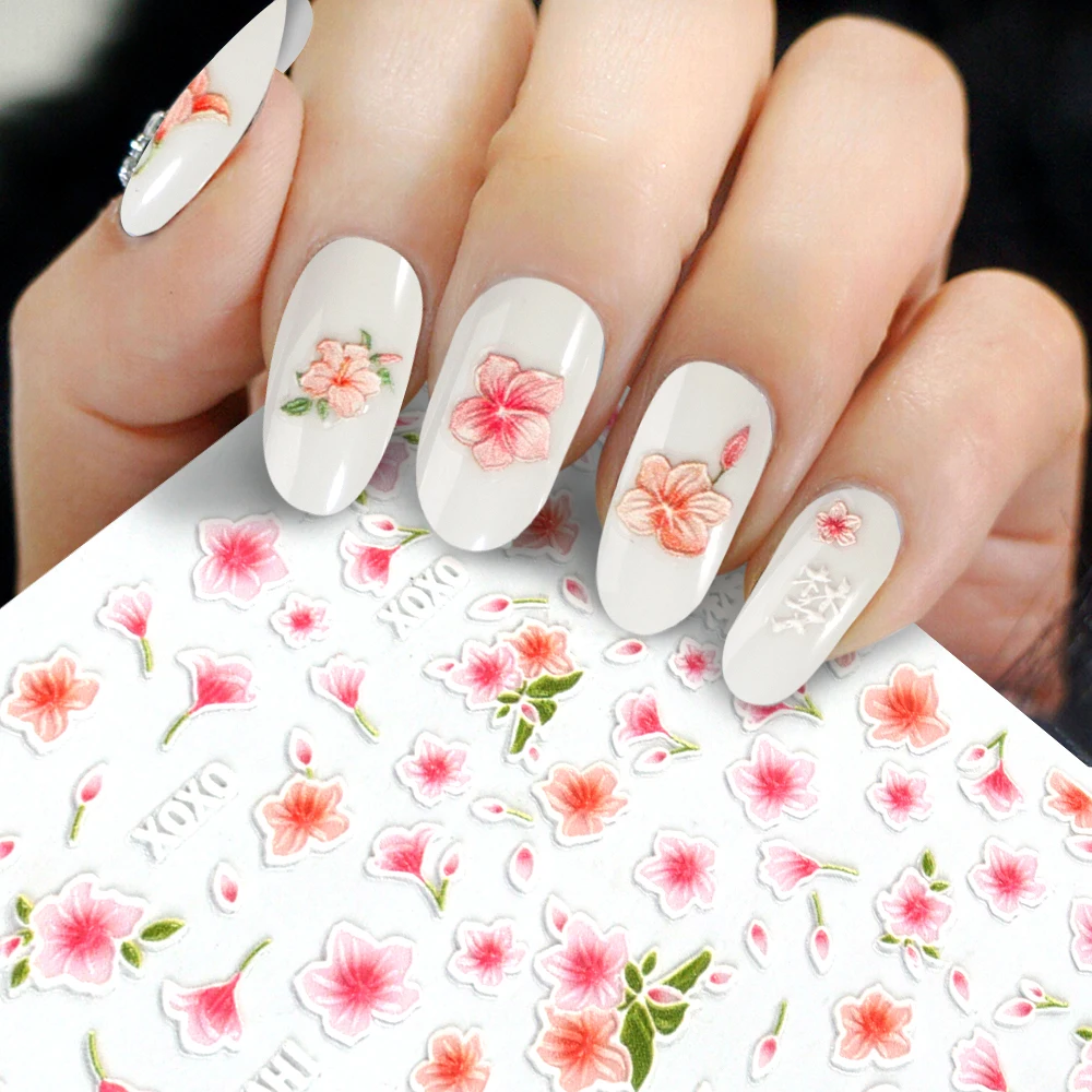 

1 Pc 5D Embossed Flower Nail Sticker Cute Kawaii Floral Design Engraved Sliders Nail Art Sticker for Acrylic Nails Decoration Ma