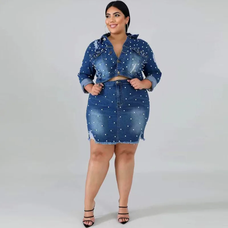 

Plus Size Women Clothing Two Piece Set Washed Casual Ladies Outfits Clothing Denim Suit Women's Skirt Spring Set