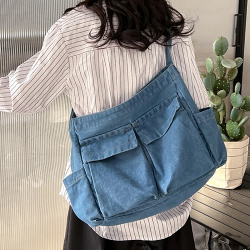 

1Pc Students Shoulder Bags Unisex Denim Crossbody Bags Casual Multi Pockets School Bag 2023 New Fashion