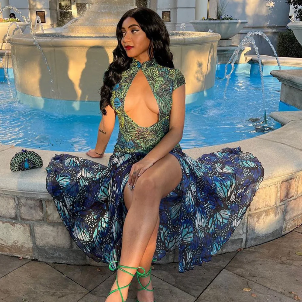 

Fashion Butterfly Print Midi Dress Women Sexy Mesh See Through Dress Short Sleeve Hollow Out Split Club Party Dress Summer 2023