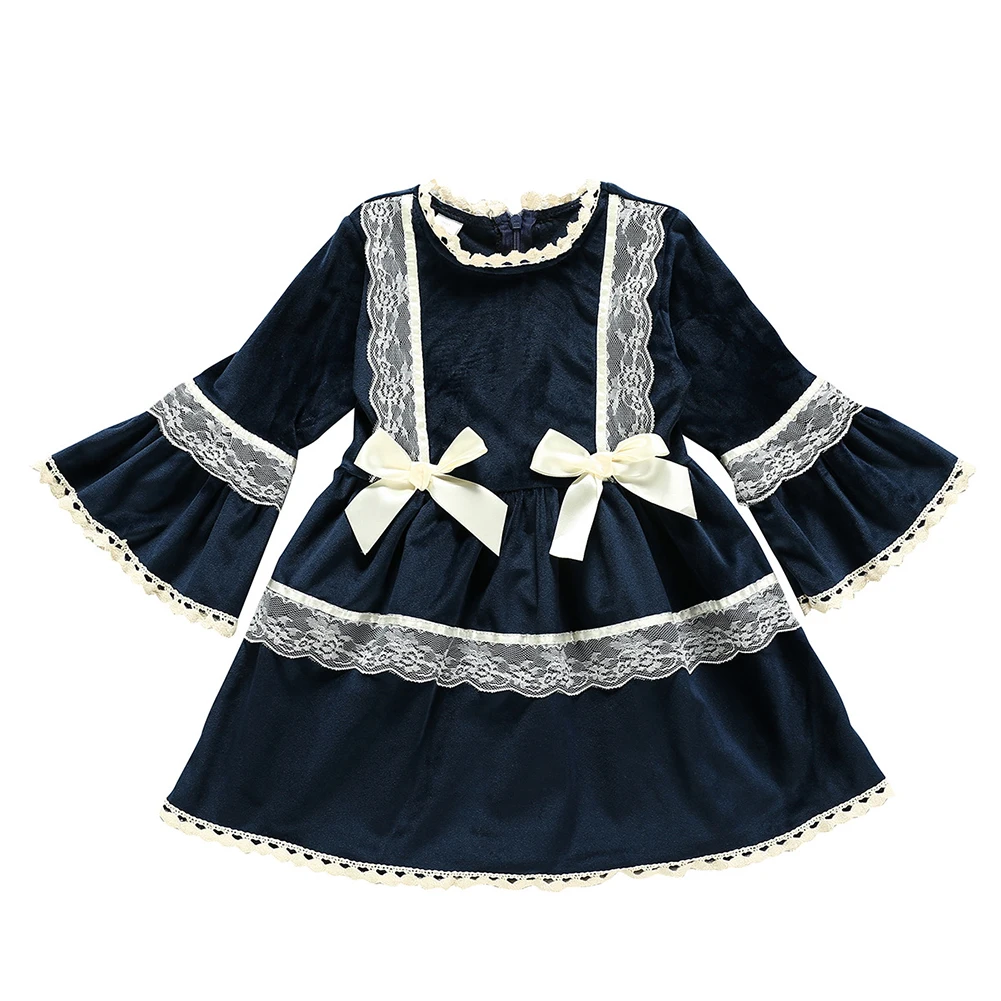 

Fashion Lace Bowknot Dress Comfortable Soft Simplicity Stitching O-neck Princess Kids Girls Autumn Flare Sleeve Cotton Dresses