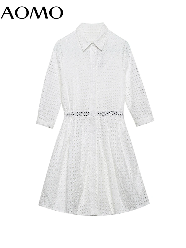 

AOMO Women Embroidery White Cotton Shirt Dress with Slash Three Quarter Sleeve Females Mini Dresses Vestidos 6H77A