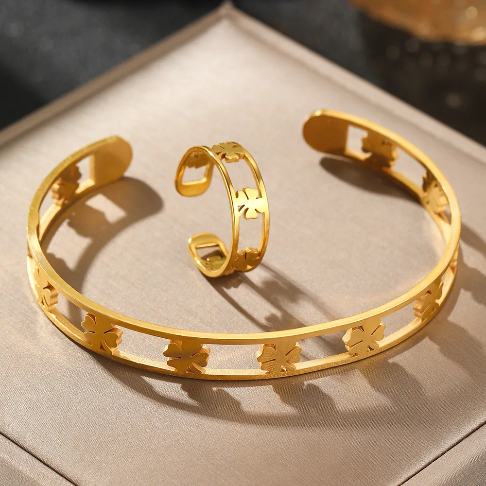 Фото Lucky Fashion Love Heart Четырехлистный клевер с открытым ртом браслет наборы колец для женщин браслет кольца полый браслет ювелирные изделия №3