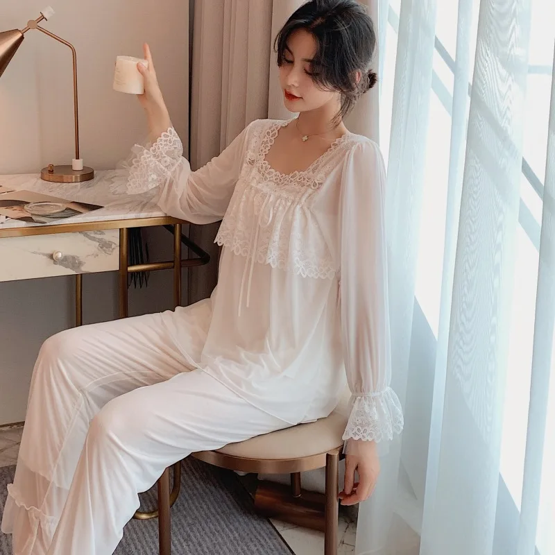 Long-Sleeved Leisure Tops Suit Lace Princess Cute Modal Pajamas  ชุดนอน  woman pijama set  пижама женская