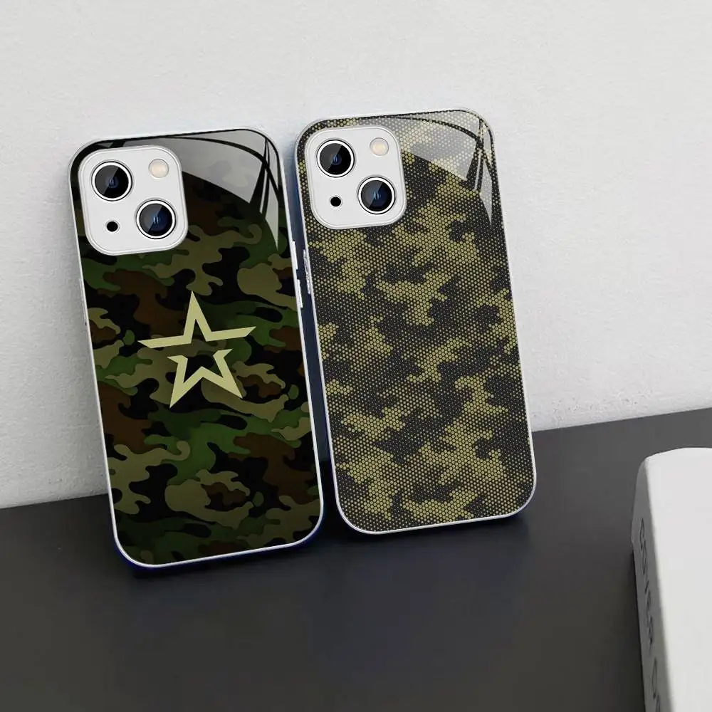 Фото Камуфляжный военный чехол из закаленного стекла для iPhone 14 13 12 Mini 11 Pro XS Max X XR 14 Plus №2