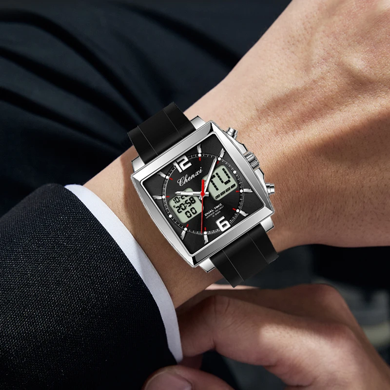 Модные повседневные мужские спортивные часы с квадратным циферблатом, двойным временем, часы CHENXI, силиконовый ремешок, водонепроницаемые, многофункциональные наручные часы для мужчин (art.: 3920d83234195) - 3920d83234195