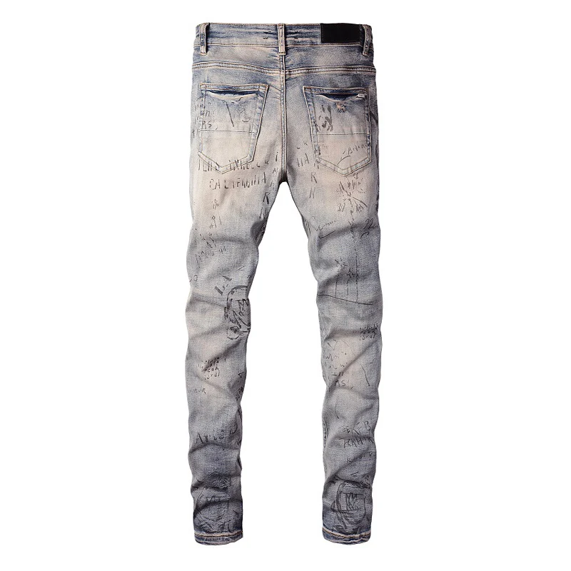 Street Fashion Men Jeans Retro Yellow Blue Elastic Stretch Skinny Ripped Jeans Men Printed Designer Hip Hop Brand Pants Hombre