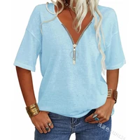 womens t shirt womens fashion solid color loose v neck t shirt summer casual short sleeve zipper pullover t shirt tops
