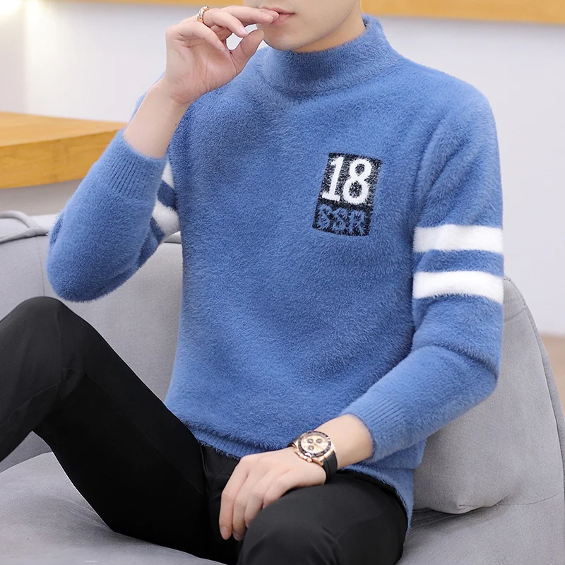 Autumn and Winter Mink Velvet Sweater Men's Half High Neck Bottoming Shirt Plus Velvet Thickening Trend Warm Winter Clothes