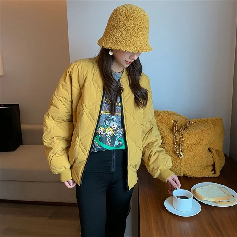 2022 Winter Women Letter Print Cotton Coats Yellow Casual Baseball Parkas Korea Fashion Basic Harajuku Warm Oversized Outerwear