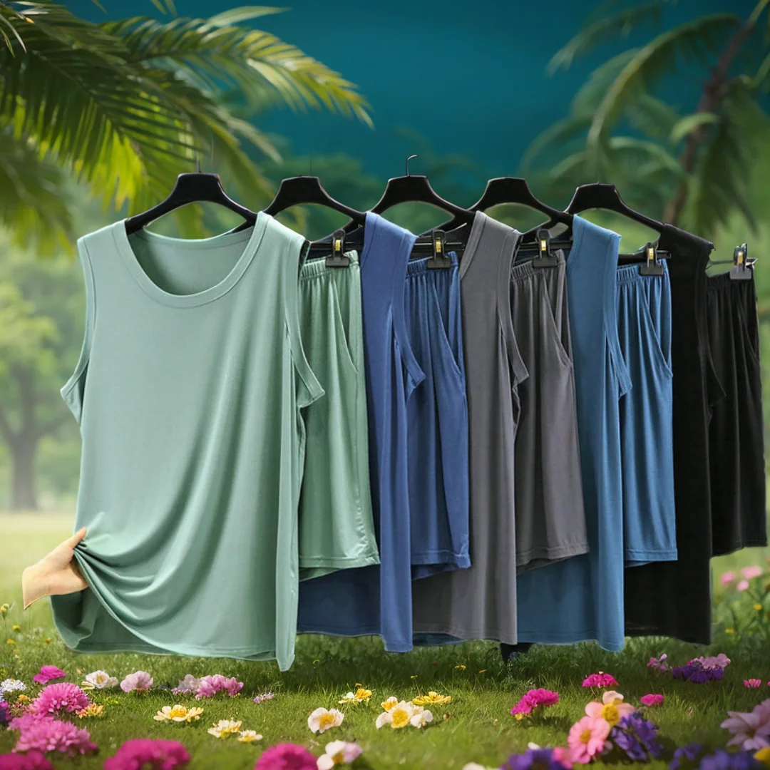 

Modal Men's Round Neck Loungewear Set - Lightweight Young Men's Tank Top and Loose-Fit Pajama Shorts for Comfortable Home Wear